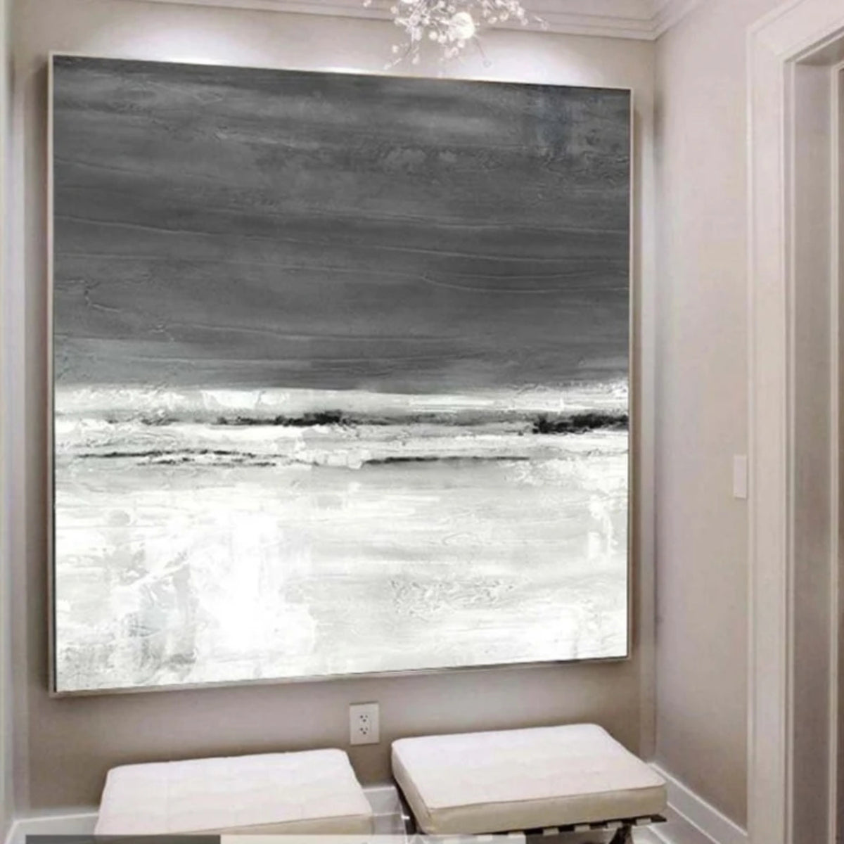 Room mockup. Dark grey upper strokes meet a pale white lower field along thin broken black and white horizontal bands.
