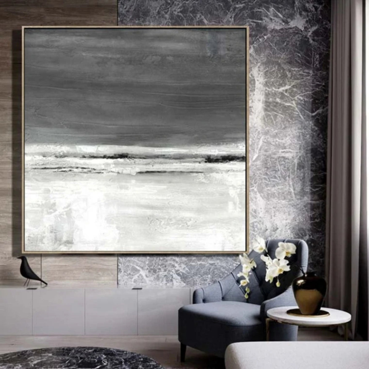 Room mockup. Dark grey upper strokes meet a pale white lower field along thin broken black and white horizontal bands.