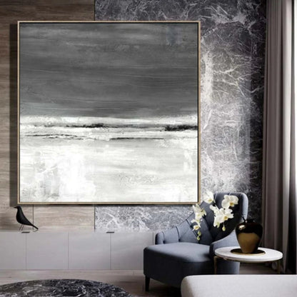 Room mockup. Dark grey upper strokes meet a pale white lower field along thin broken black and white horizontal bands.
