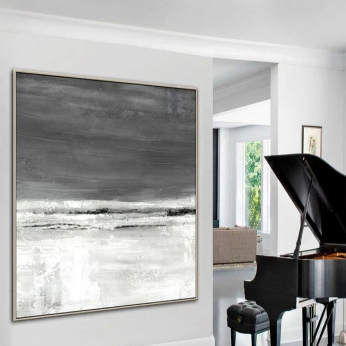 Room mockup. Dark grey upper strokes meet a pale white lower field along thin broken black and white horizontal bands.