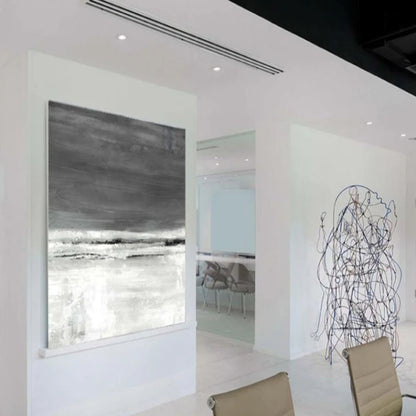 Room mockup. Dark grey upper strokes meet a pale white lower field along thin broken black and white horizontal bands.
