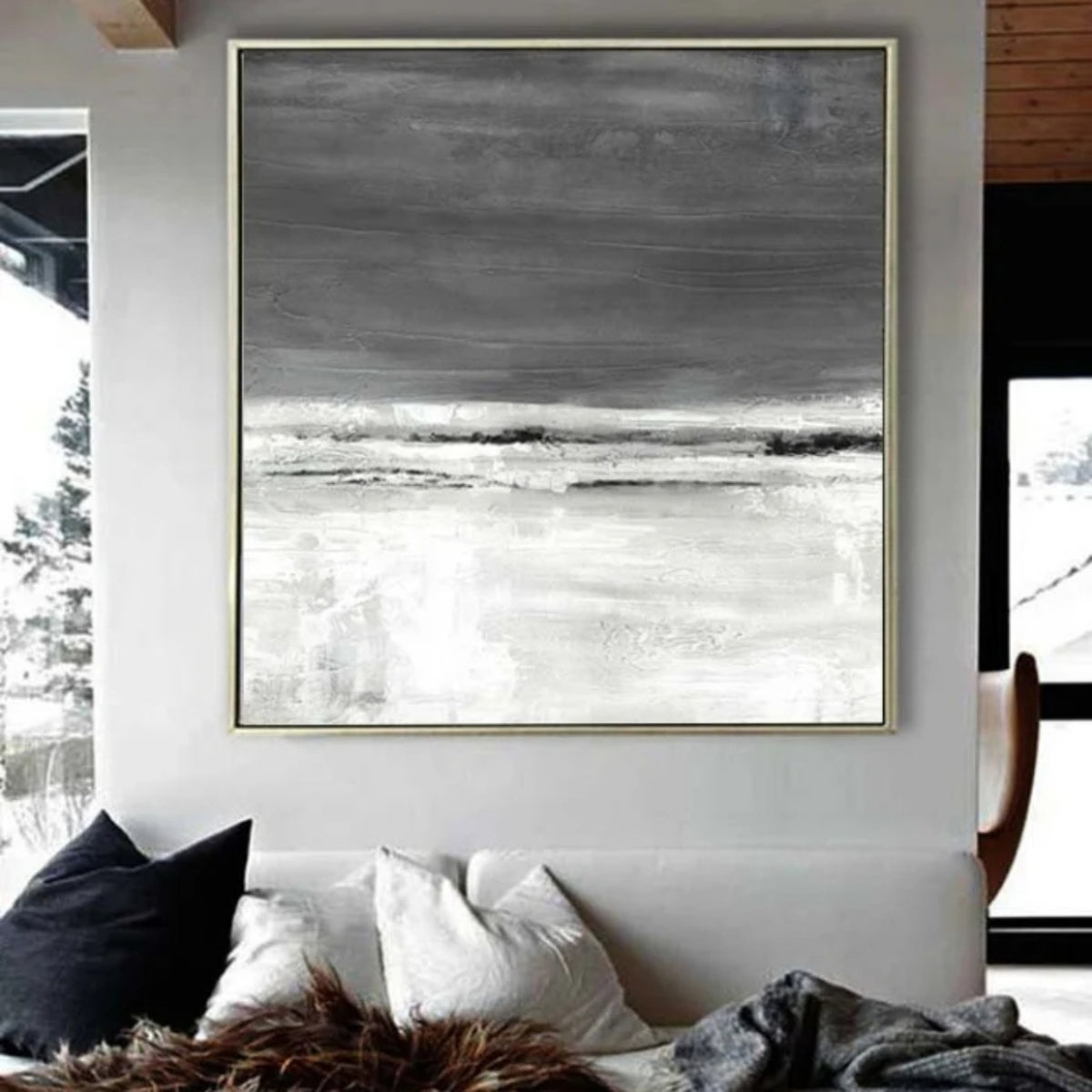 Room mockup. Dark grey upper strokes meet a pale white lower field along thin broken black and white horizontal bands.