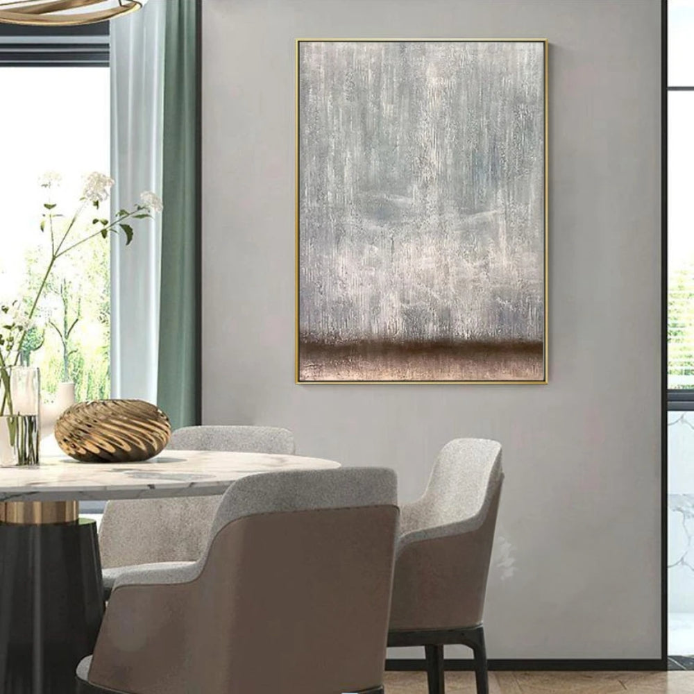 Room mockup showing grey and white vertically streaked textured field above a narrow dark brown band along the bottom.