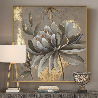 Room mockup. A large layered grey and white flower with brown leaves and gold-coloured patches on a muted taupe background.