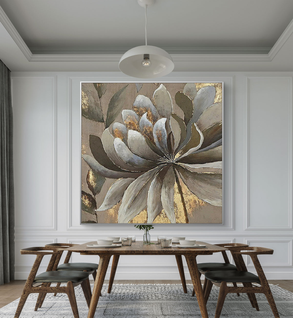 Room mockup. A large layered grey and white flower with brown leaves and gold-coloured patches on a muted taupe background.