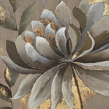 Close-up. A large layered grey and white flower with brown leaves and gold-coloured patches on a muted taupe background.