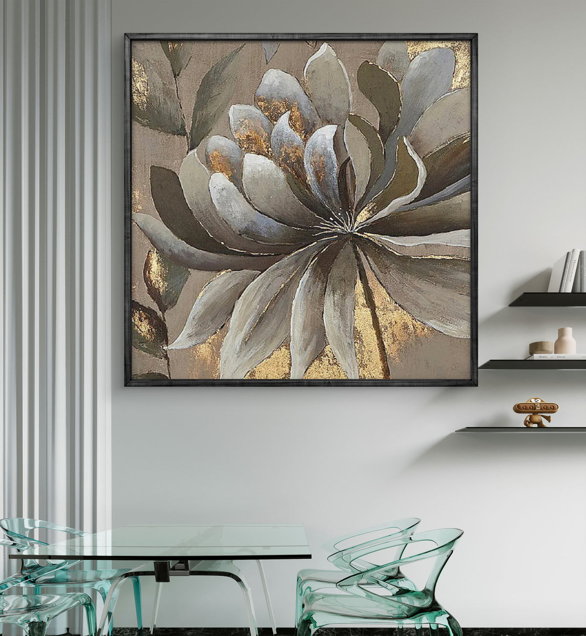 Room mockup. A large layered grey and white flower with brown leaves and gold-coloured patches on a muted taupe background.