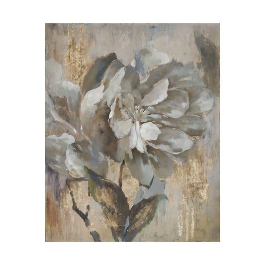 A layered grey and white flower with dark leaves against textured beige and ochre patches.