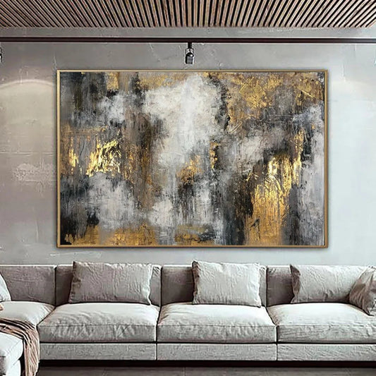 Room mockup showing cloud-like white and grey textured patches interspersed with gold-coloured areas and dark marks.