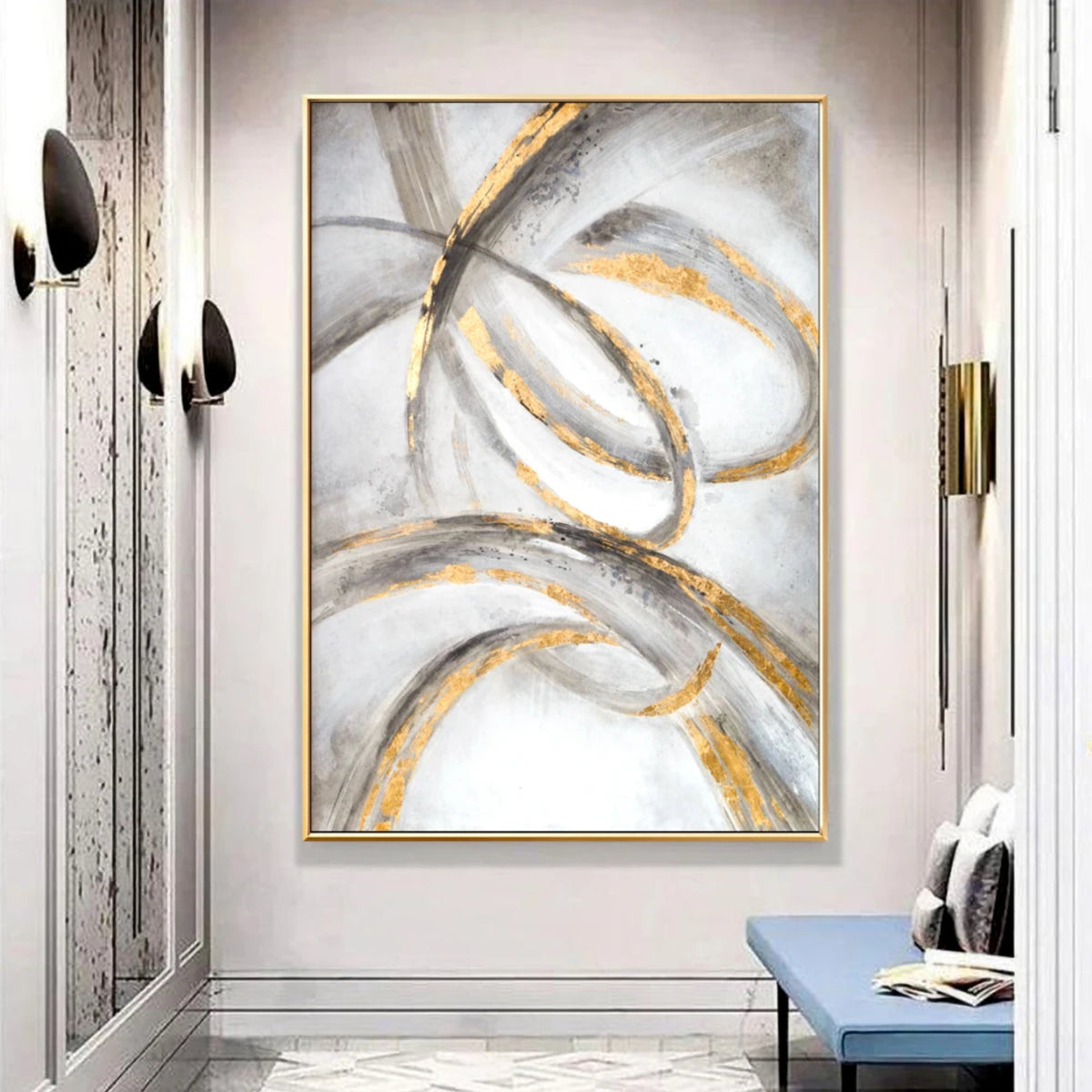 Room mockup showing looping grey and gold-coloured curves crossing a soft white and pale grey background.