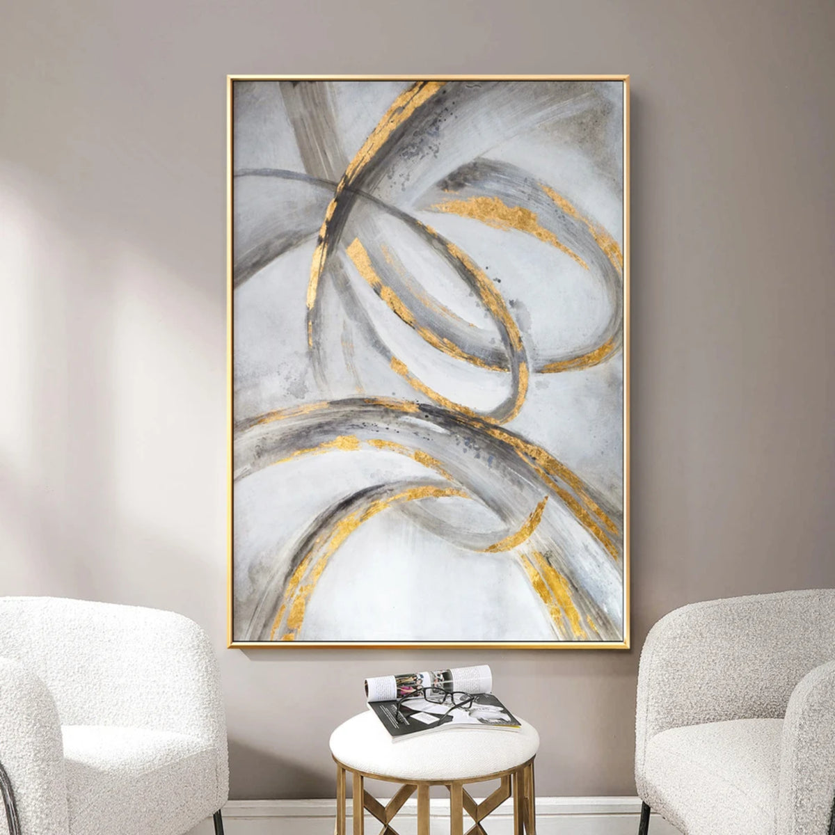 Room mockup showing looping grey and gold-coloured curves crossing a soft white and pale grey background.