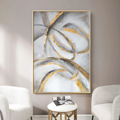 Room mockup showing looping grey and gold-coloured curves crossing a soft white and pale grey background.