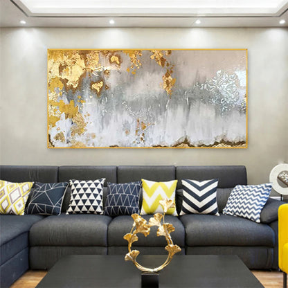 Room mockup showing mottled white and grey textured areas with scattered gold-coloured patches and fine decorative marks.