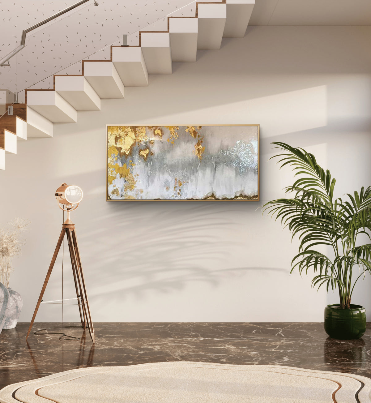 Room mockup showing mottled white and grey textured areas with scattered gold-coloured patches and fine decorative marks.