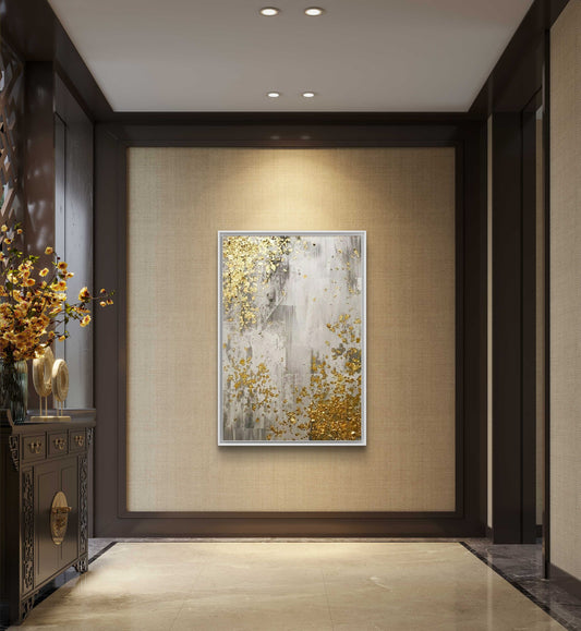 Room mockup. Grey and white scraped vertical textures with scattered gold-coloured patches concentrated at opposing corners.