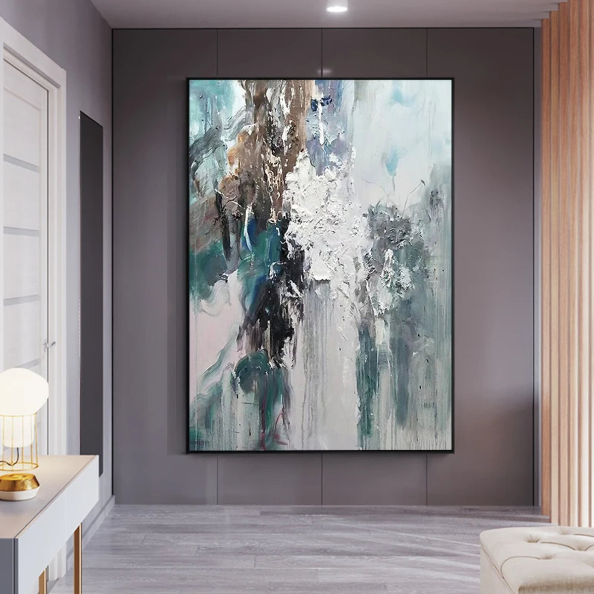 Room mockup. White and grey layered strokes crossed by dark brown and teal vertical patches and fine downward drips.