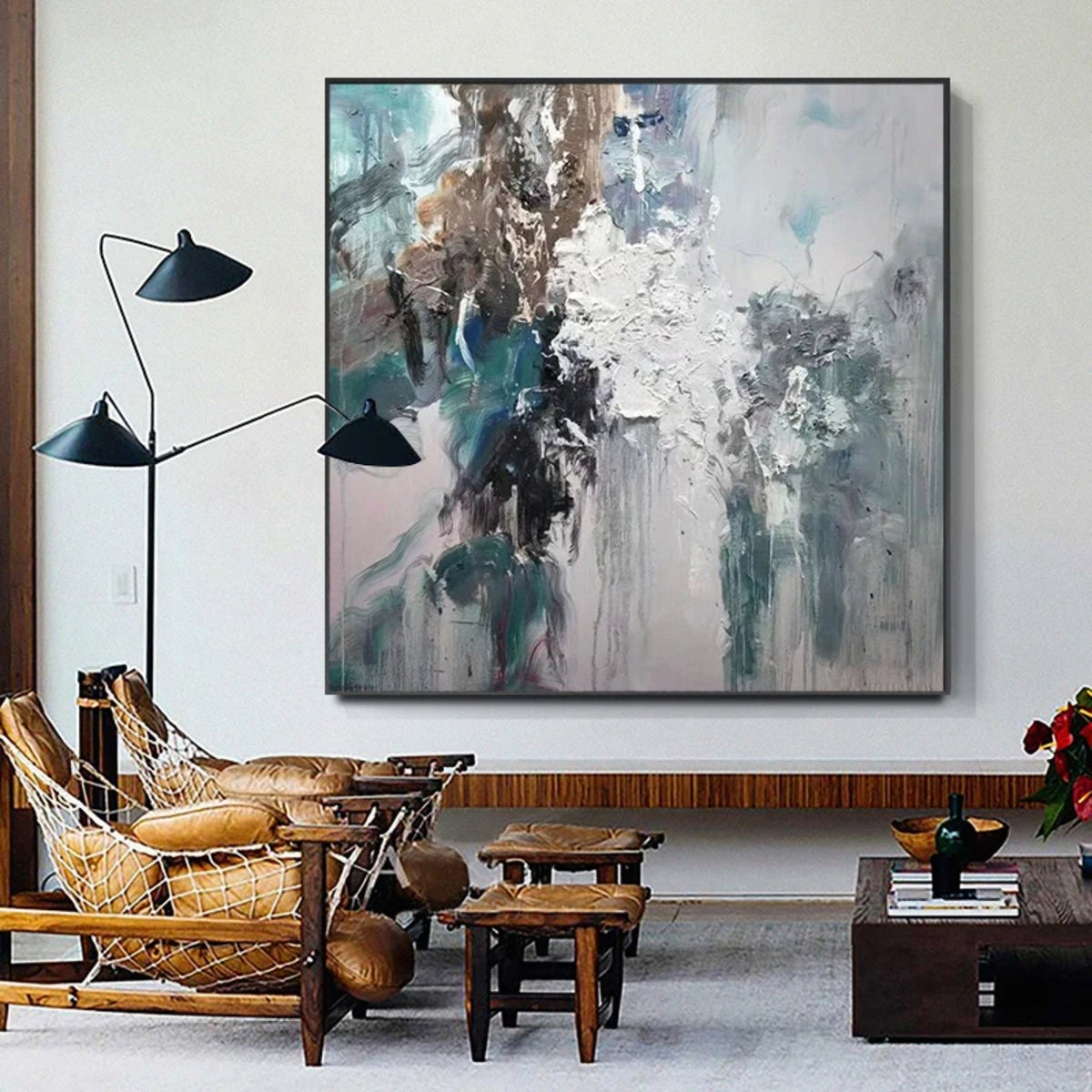 Room mockup. White and grey layered strokes crossed by dark brown and teal vertical patches and fine downward drips.