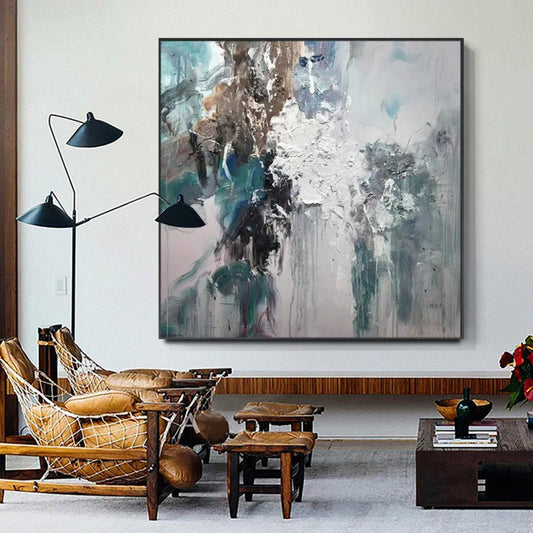 Room mockup. White and grey layered strokes crossed by dark brown and teal vertical patches and fine downward drips.