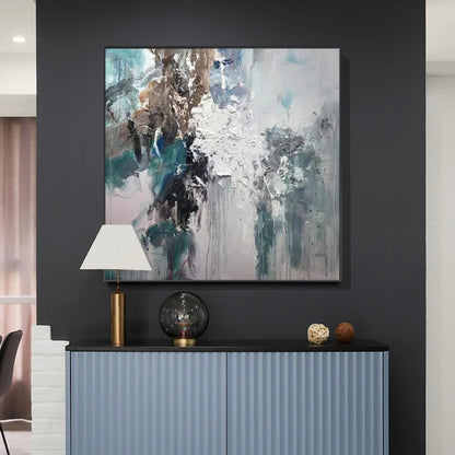 Room mockup. White and grey layered strokes crossed by dark brown and teal vertical patches and fine downward drips.