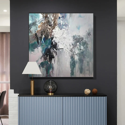 Room mockup. White and grey layered strokes crossed by dark brown and teal vertical patches and fine downward drips.
