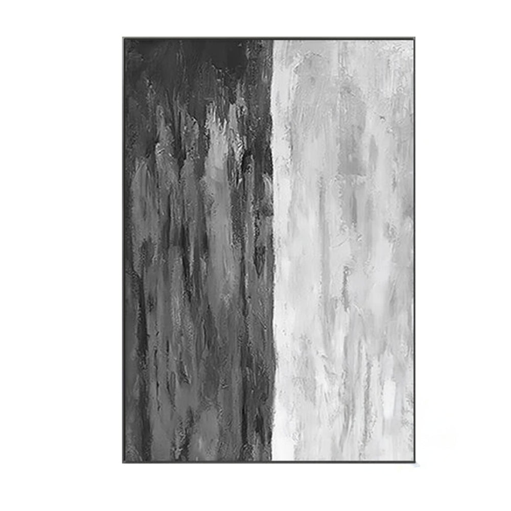 Monochrome abstract with irregular vertical charcoal, grey and white streaks across a tall textured surface.