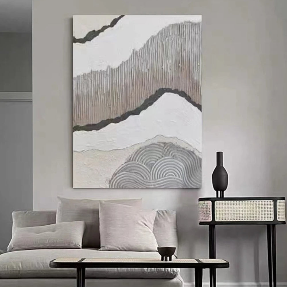 Room mockup showing grey wavy textured bands divided by dark lines across white, with concentric curved ridges near the lower edge.