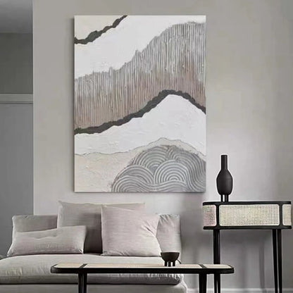 Room mockup showing grey wavy textured bands divided by dark lines across white, with concentric curved ridges near the lower edge.