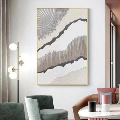 Room mockup showing grey wavy textured bands and dark irregular lines across white with concentric curved ridges in an upper corner.