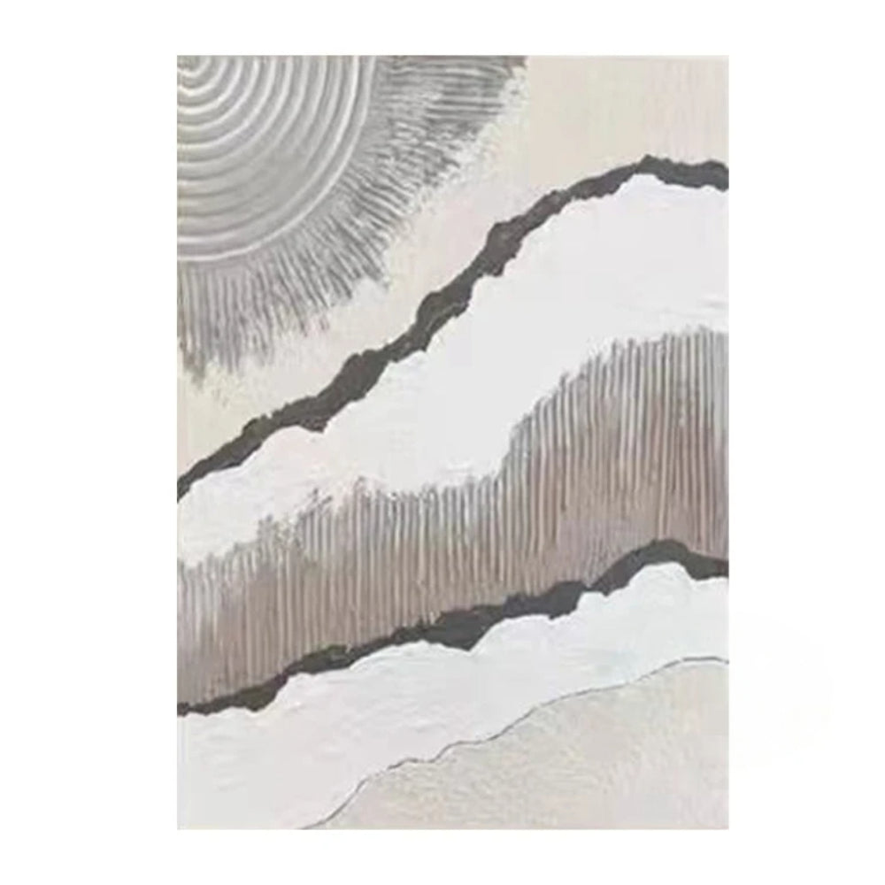Grey wavy textured bands and dark irregular lines across white with concentric curved ridges in an upper corner.