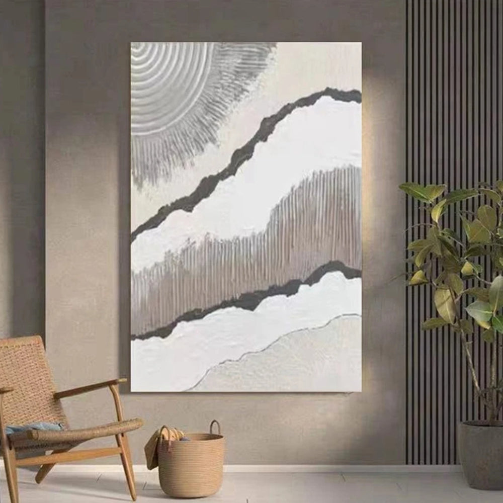 Room mockup showing grey wavy textured bands and dark irregular lines across white with concentric curved ridges in an upper corner.
