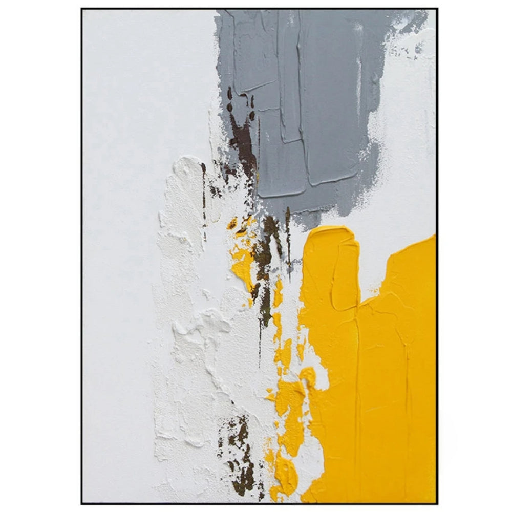 Textured white abstract with a grey upper block, mustard yellow lower block and narrow dark brown marks.