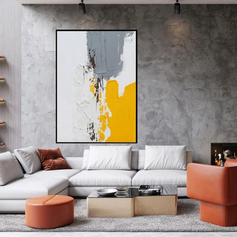 Room mockup showing textured white abstract with a grey upper block, mustard yellow lower block and narrow dark brown marks.
