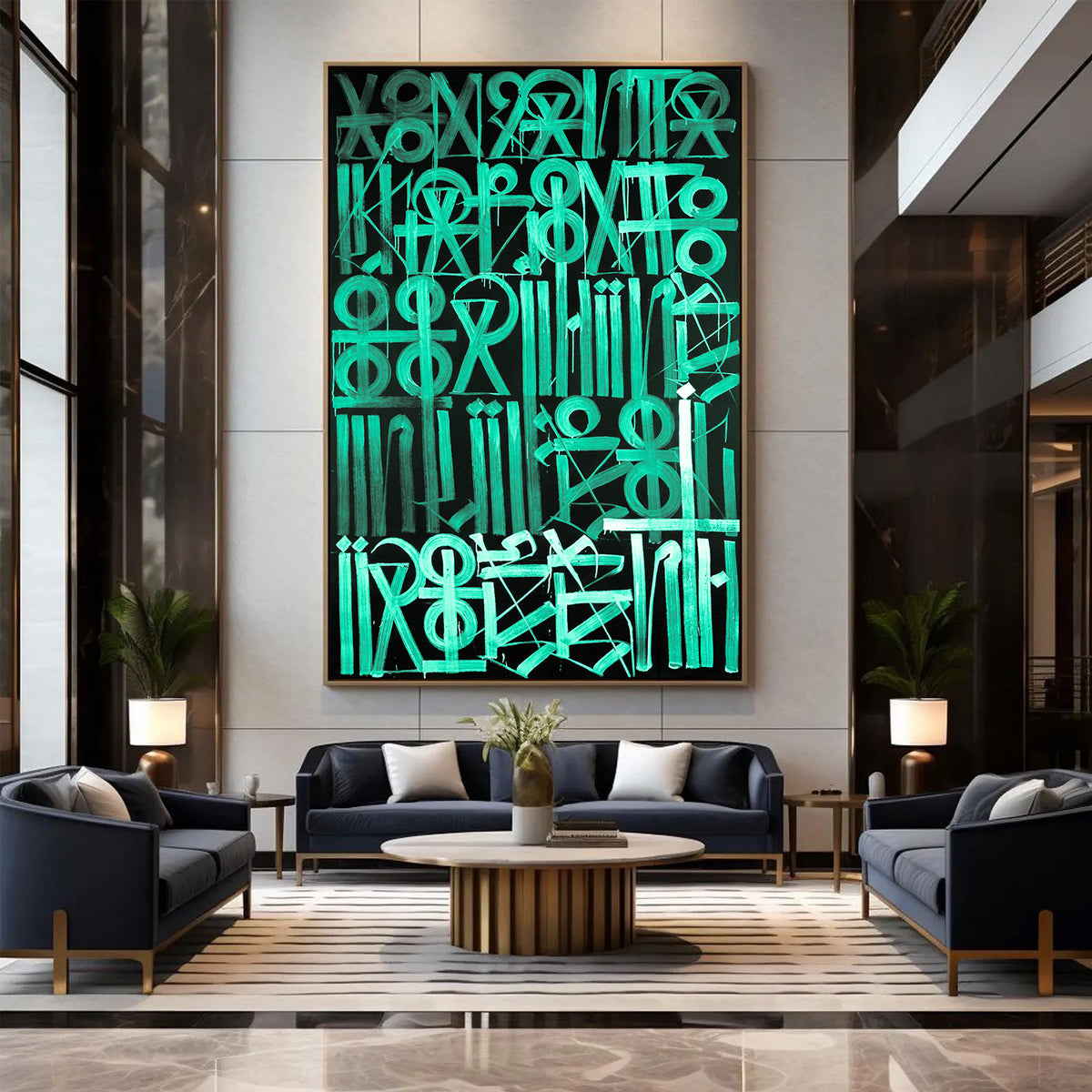 Hand-painted abstract calligraphic symbol artwork in green on a black background.