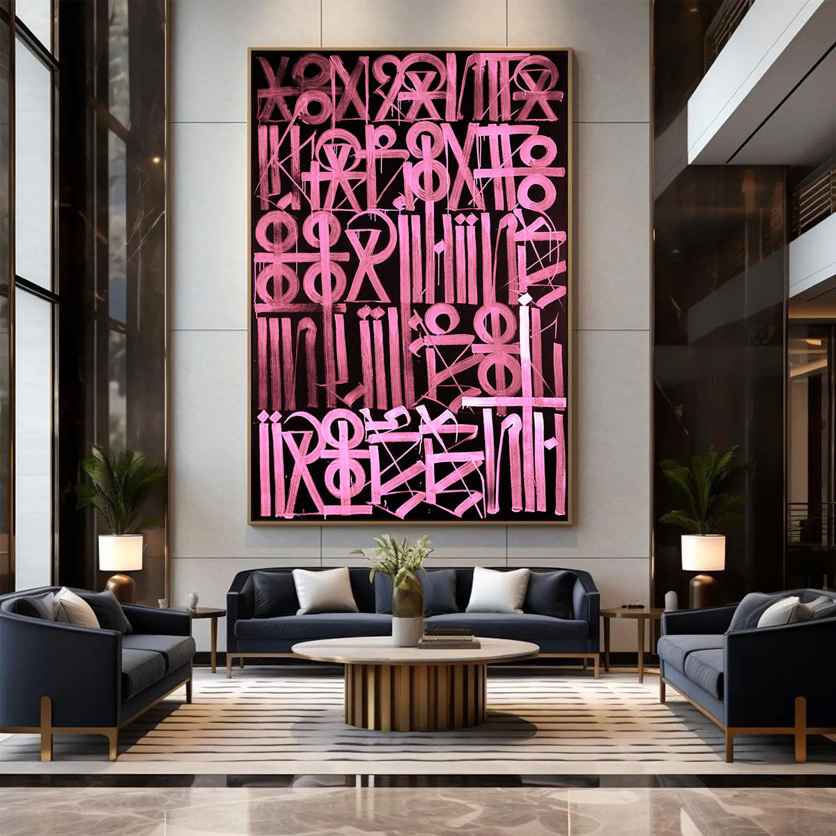 Hand-painted abstract calligraphic symbol artwork in pink on a black background.