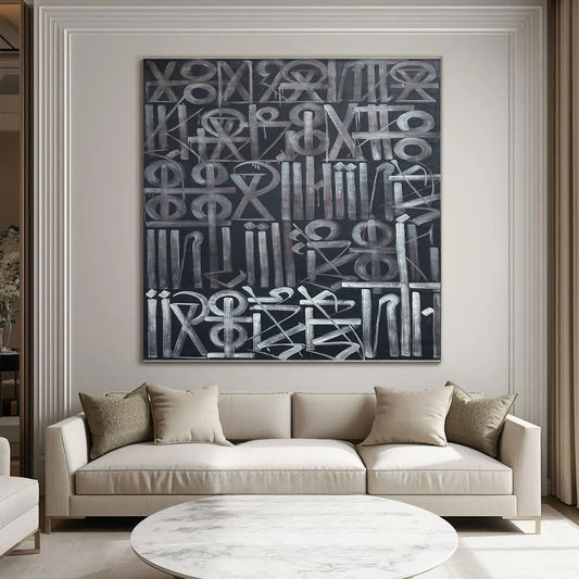 Hand-painted abstract calligraphic symbol artwork in white and grey on a black background.