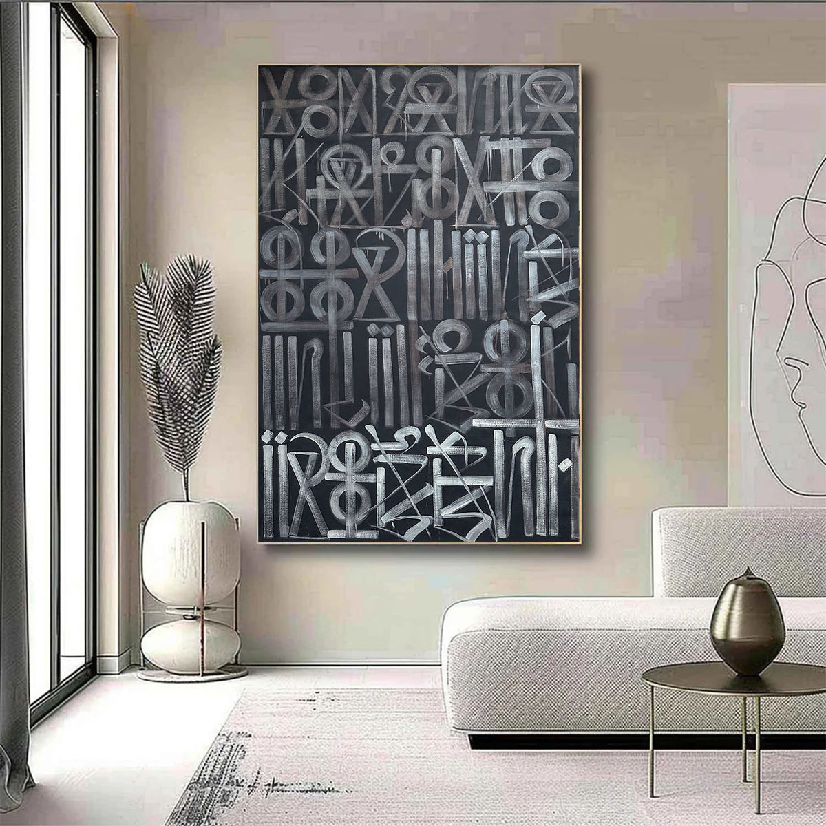 Hand-painted abstract calligraphic symbol artwork in white and grey on a black background.