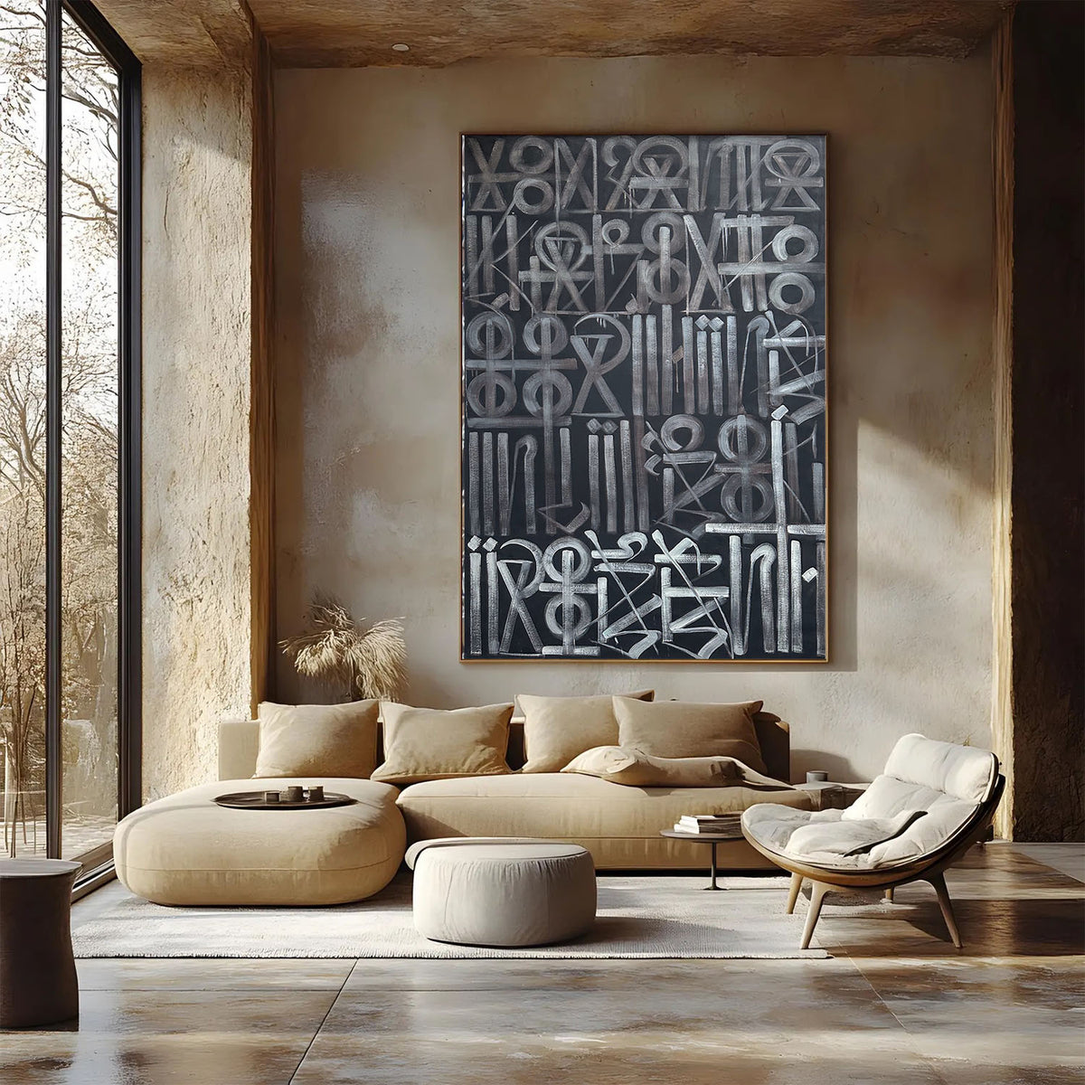 Hand-painted abstract calligraphic symbol artwork in white and grey on a black background.