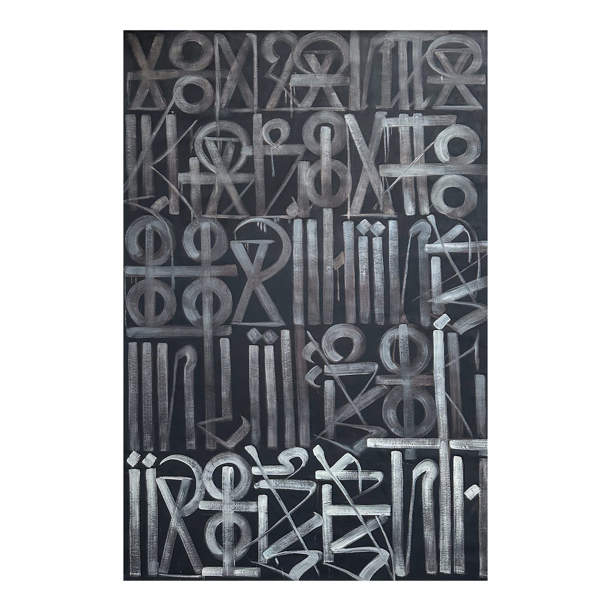 Hand-painted abstract calligraphic symbol artwork in white and grey on a black background.