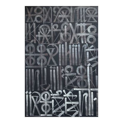 Hand-painted abstract calligraphic symbol artwork in white and grey on a black background.