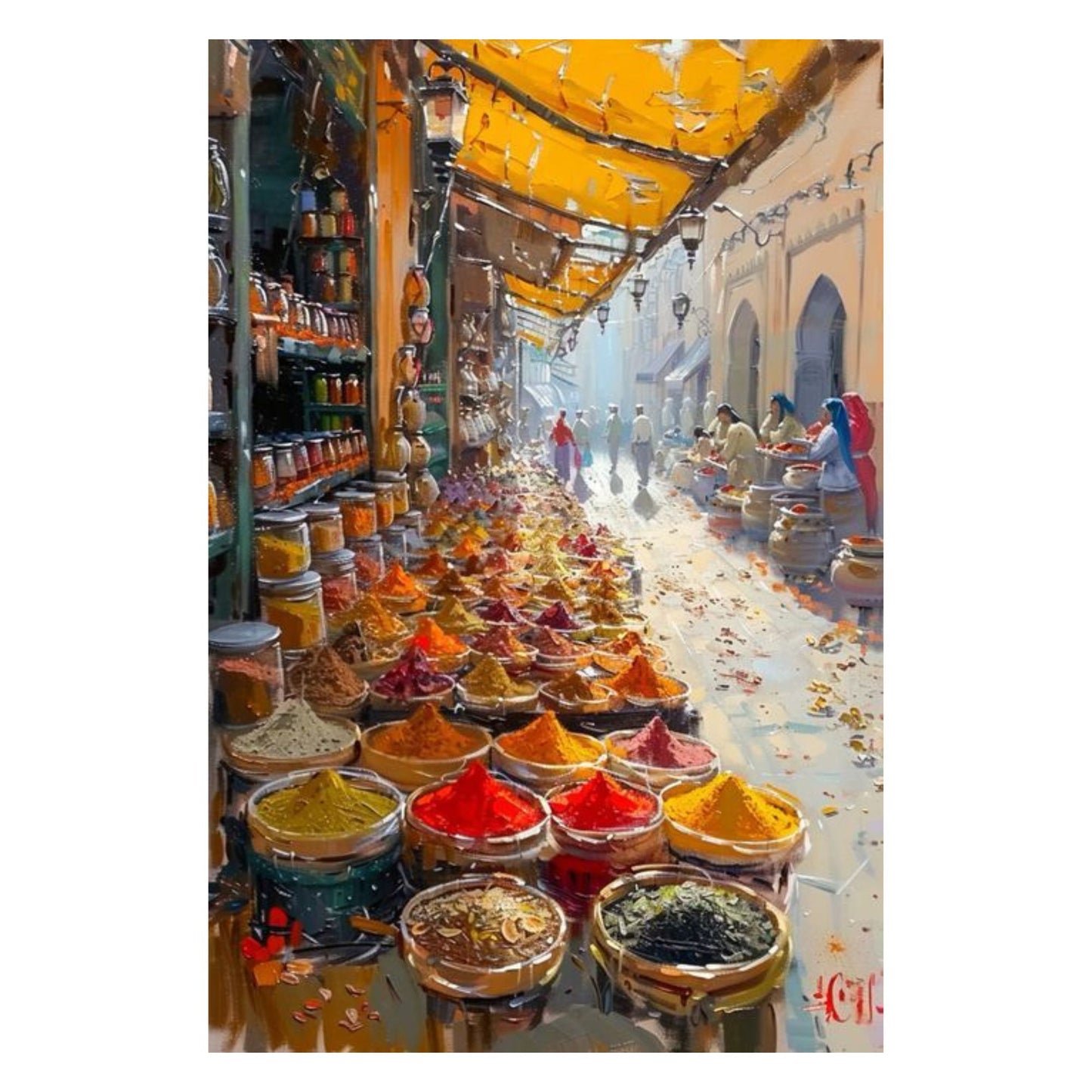 Colorful spices in bowls at a market stall with people in the background