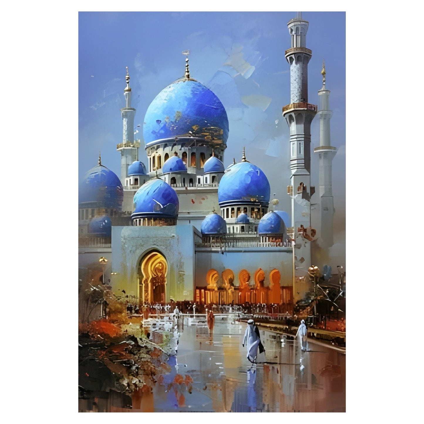 Hand-Painted Blue Dome Islamic Mosque Oil Painting on Canvas