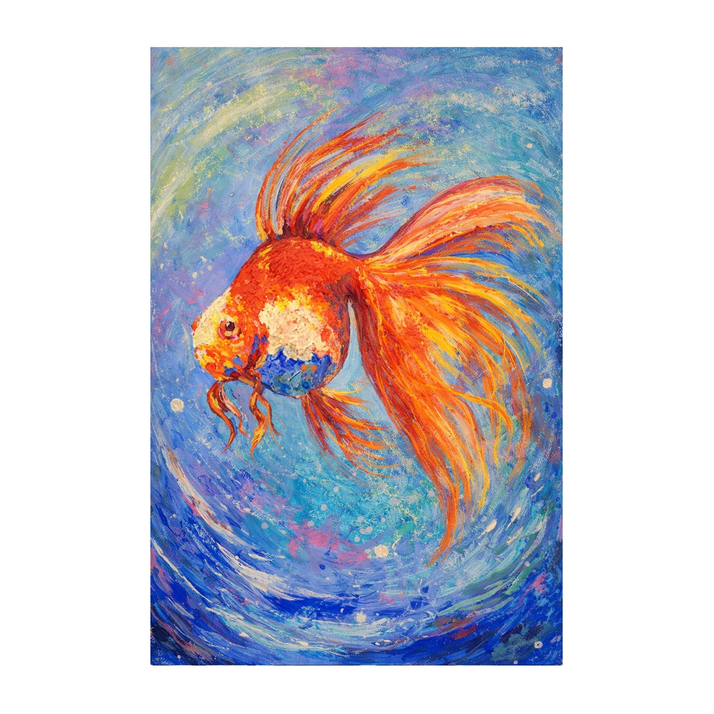 Abstract Goldfish Painting – Hand-Painted Blue Canvas Art