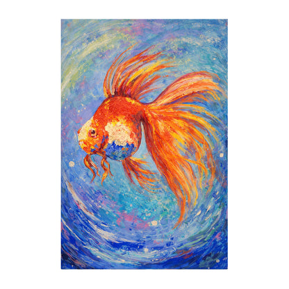Abstract Goldfish Painting – Hand-Painted Blue Canvas Art