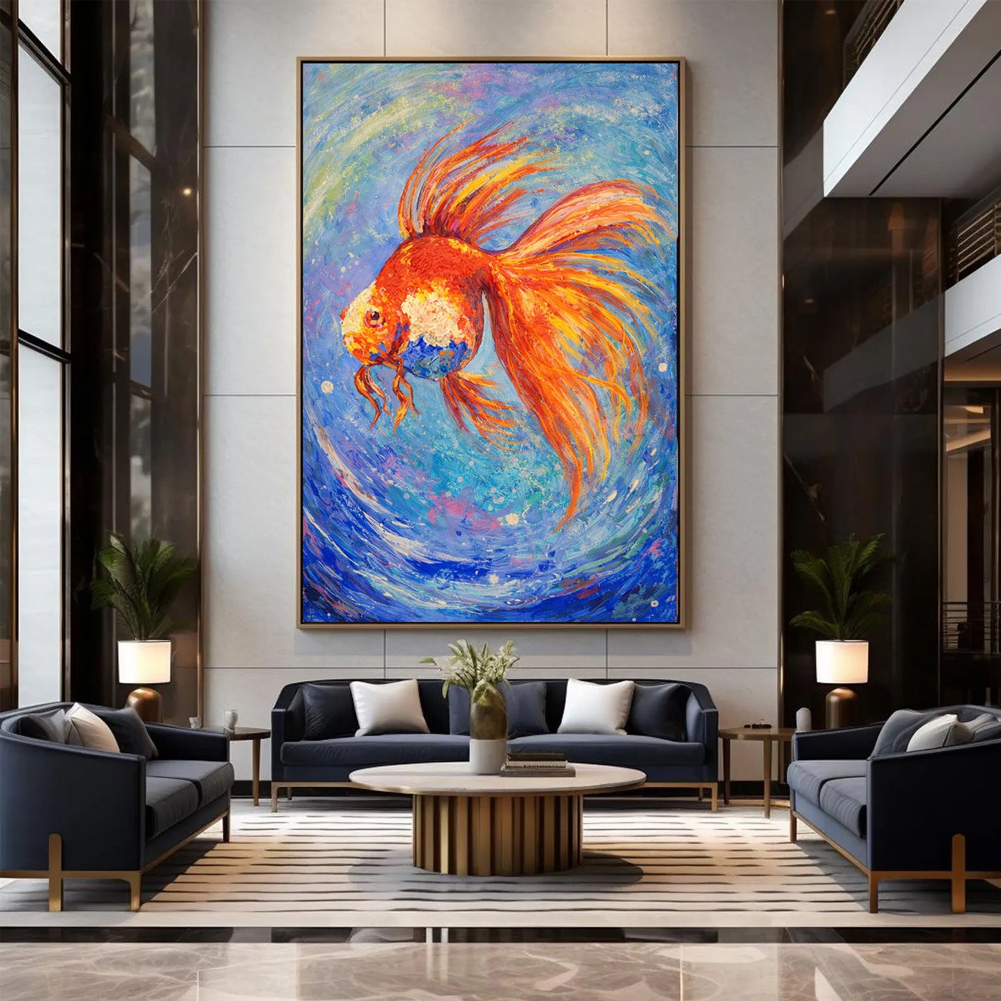 Abstract Goldfish Painting – Hand-Painted Blue Canvas Art