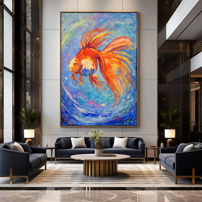 Abstract Goldfish Painting – Hand-Painted Blue Canvas Art