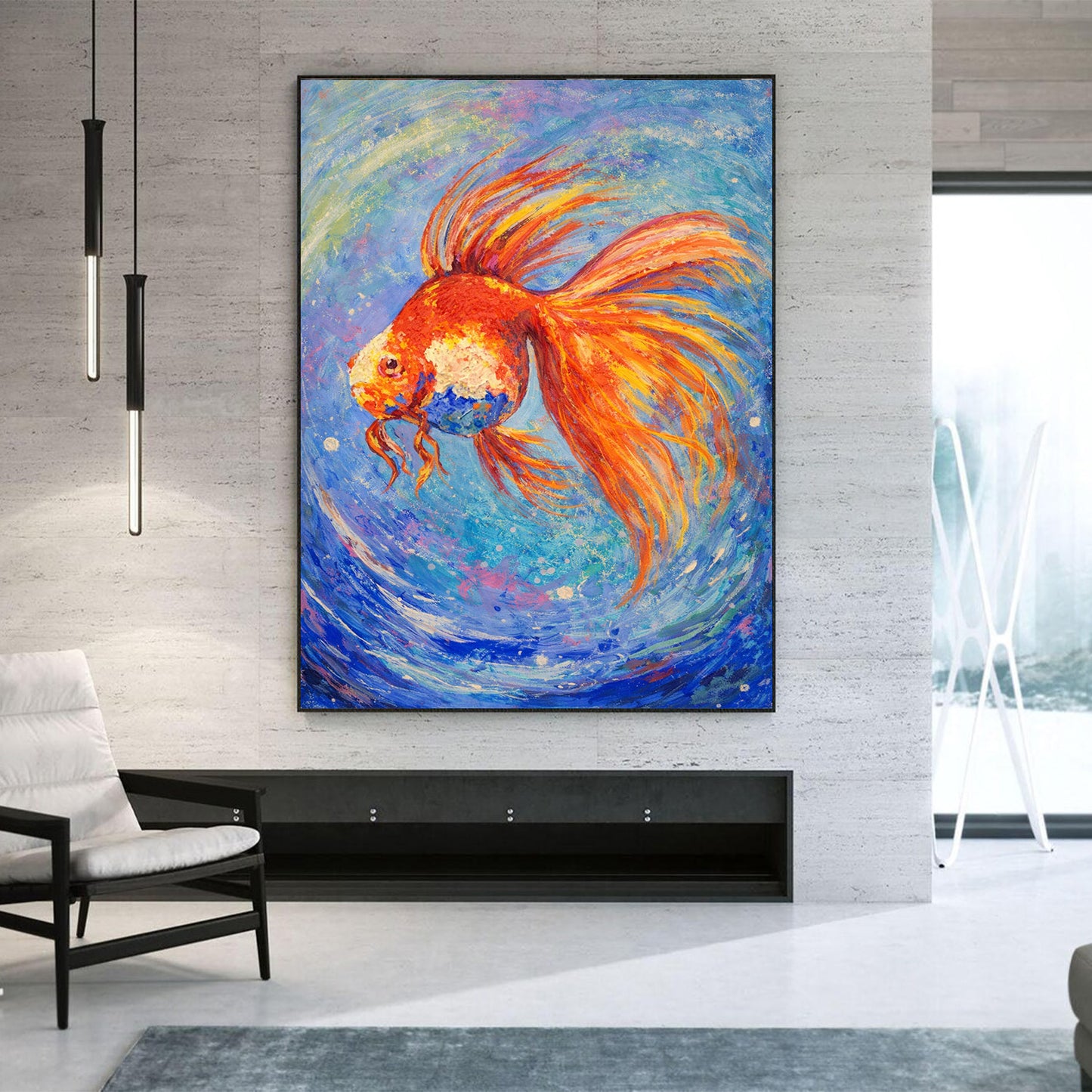 Abstract Goldfish Painting – Hand-Painted Blue Canvas Art