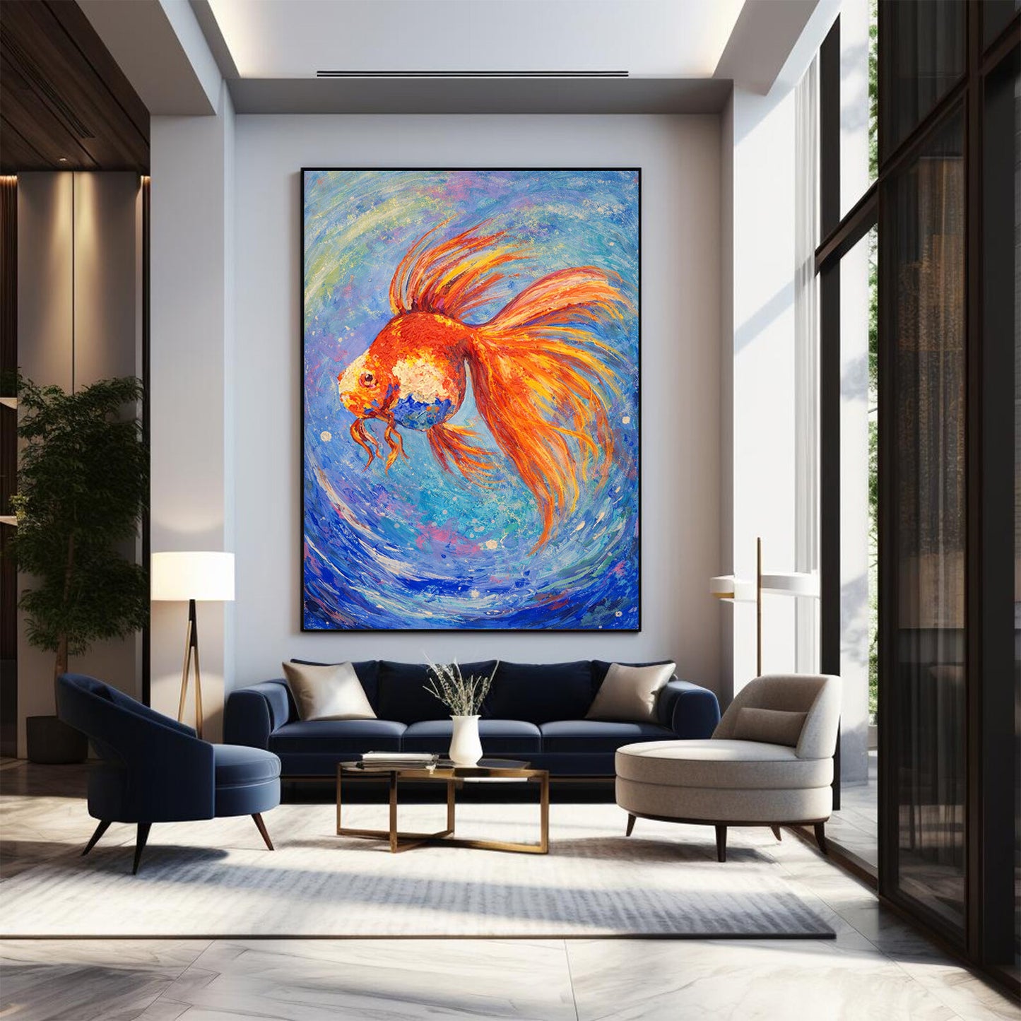 Abstract Goldfish Painting – Hand-Painted Blue Canvas Art