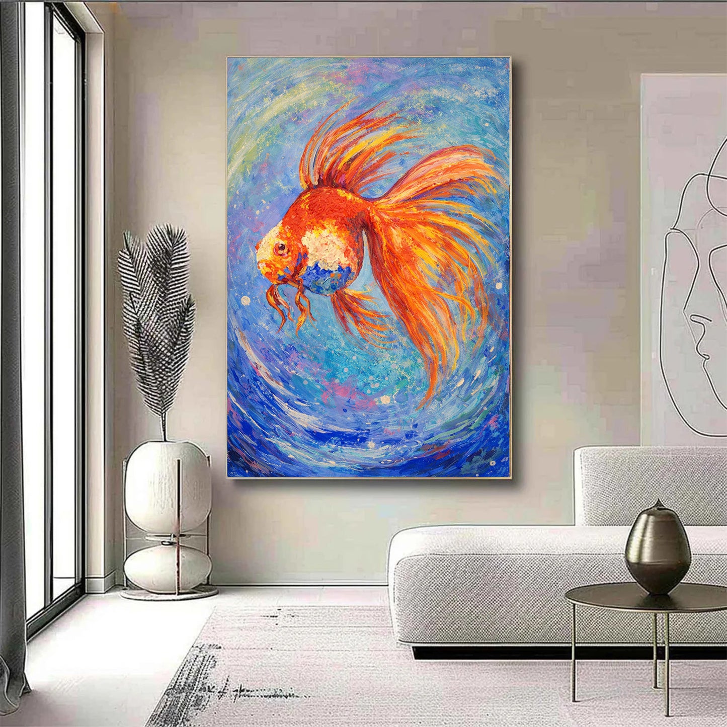 Abstract Goldfish Painting – Hand-Painted Blue Canvas Art