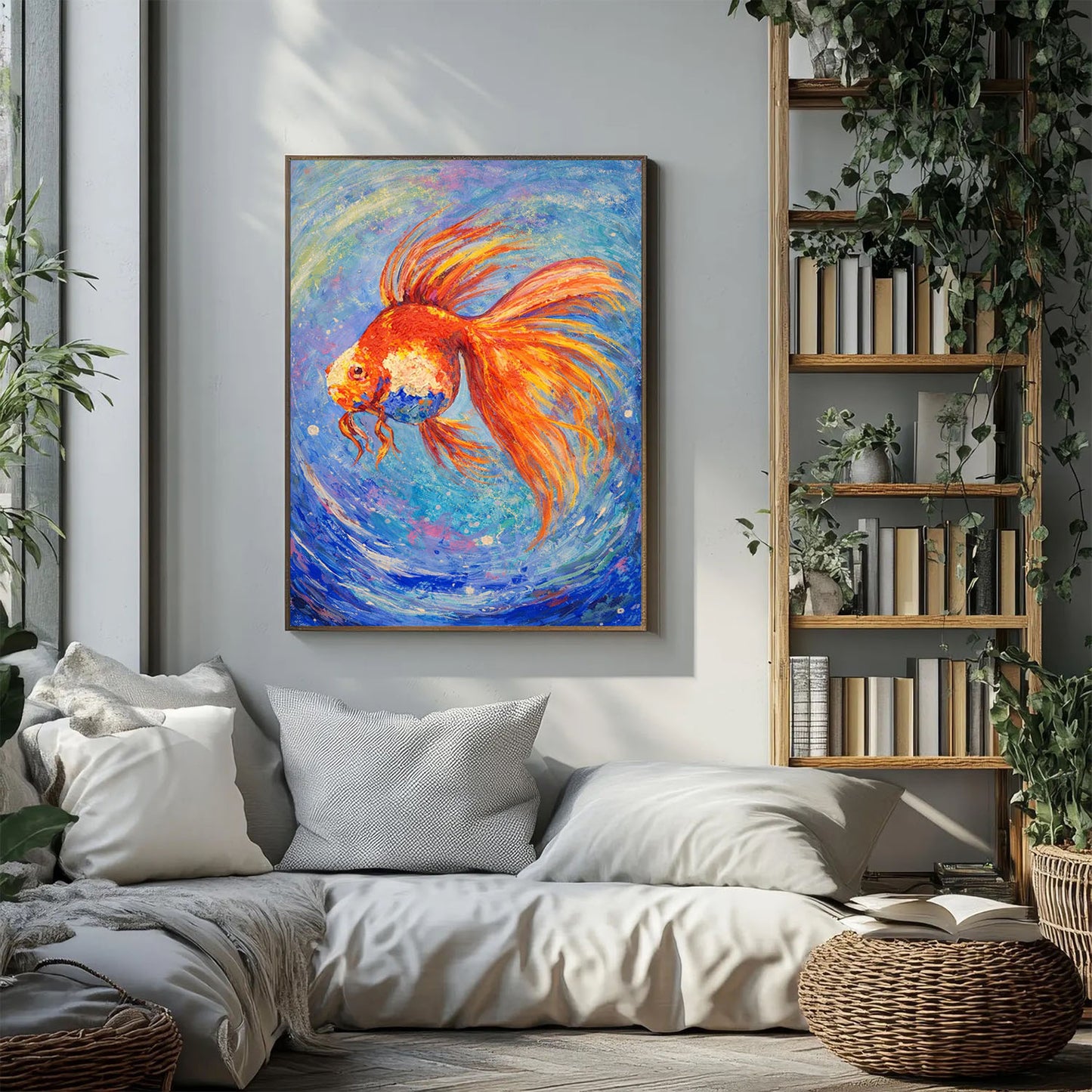 Abstract Goldfish Painting – Hand-Painted Blue Canvas Art