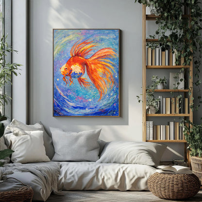 Abstract Goldfish Painting – Hand-Painted Blue Canvas Art